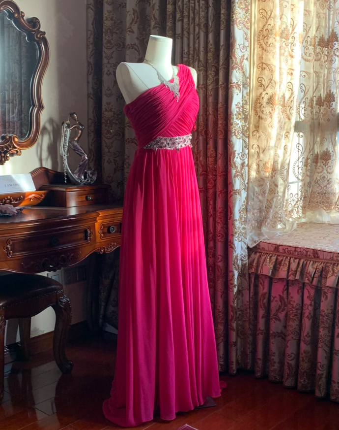 Pretty Rose Red One Shoulder Chiffon Pleated Beaded Evening Dress Long Wedding Guest Dress - View 2 | VelvetHem