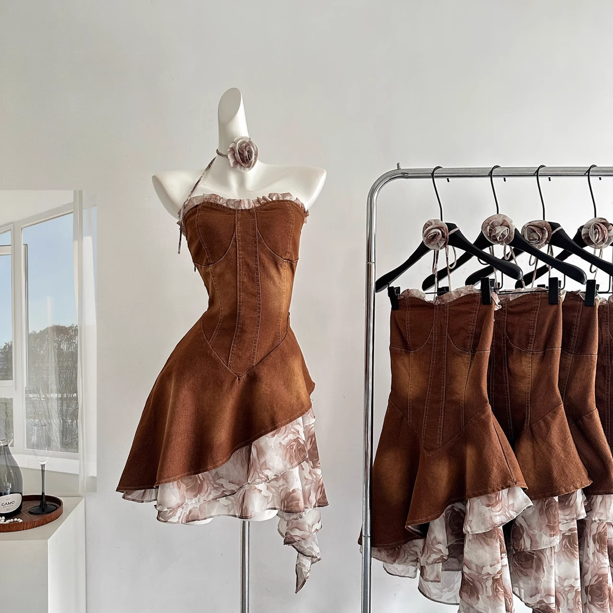 Vintage Strapless Women's Brown Denim Short Party Dress - View 2 | VelvetHem