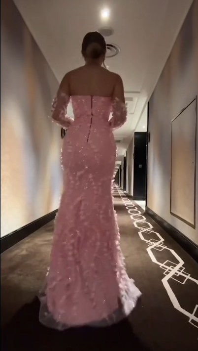 Elegant Pink Strapless Tulle Appliques Beaded Slit Mermaid Evening Dress Long Party Dress - View 5 | VelvetHem