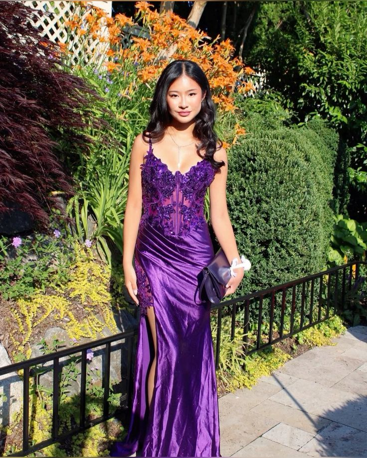 Gorgeous Purple Satin Lace Appliques Evening Dress Slit Mermaid Prom Dress Y8112 - VelvetHem