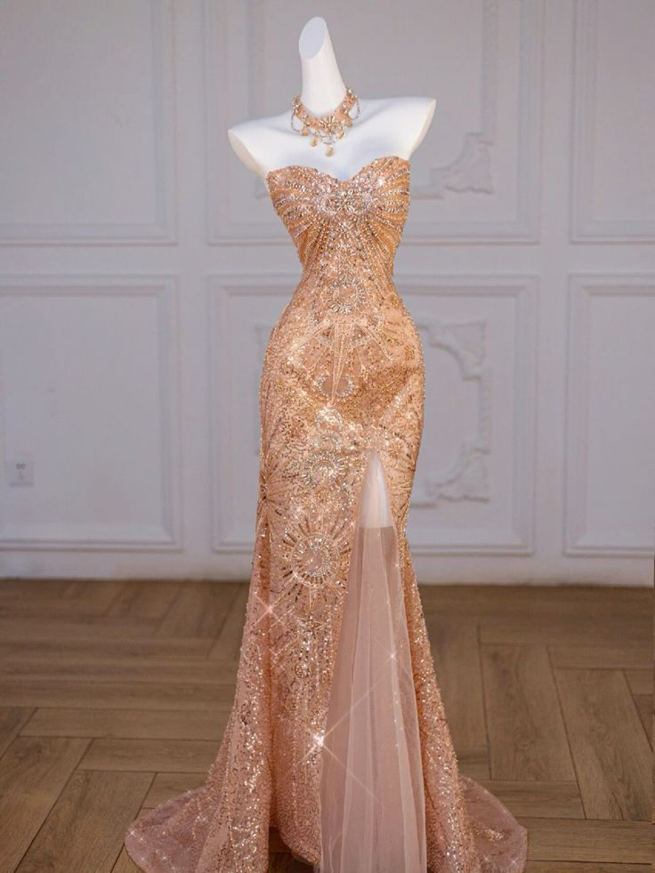 Luxurious Mermaid Sweetheart Sequin Long Slit Evening Dress Gold Prom Dress - VelvetHem