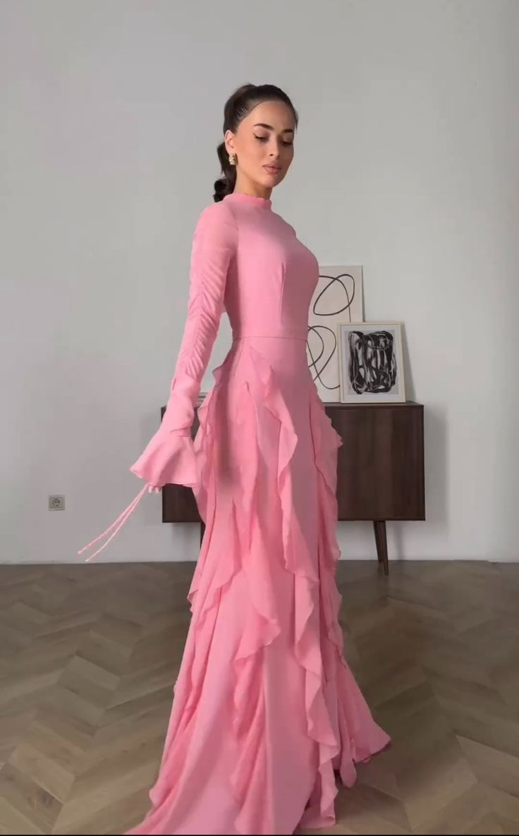 Pink Chiffon Ruffles Long Party Evening Dress