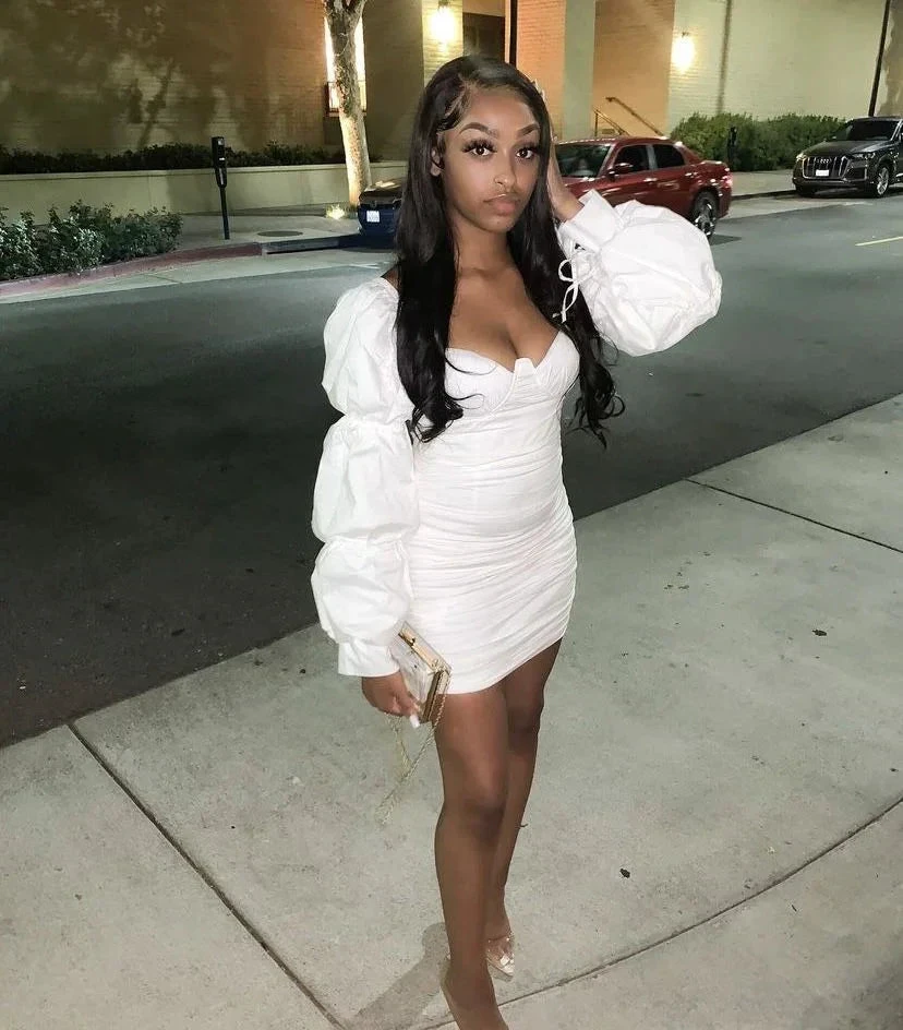 Women Sexy Wrap Dress White Long Puff Sleeve Ruched Dress White Homecoming Dress Y2165 by simplepromdress