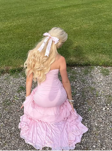 Sweet Pink Chiffon Strapless Evening Dress Multi-Layered Slit Prom Party Dress - View 3 | VelvetHem