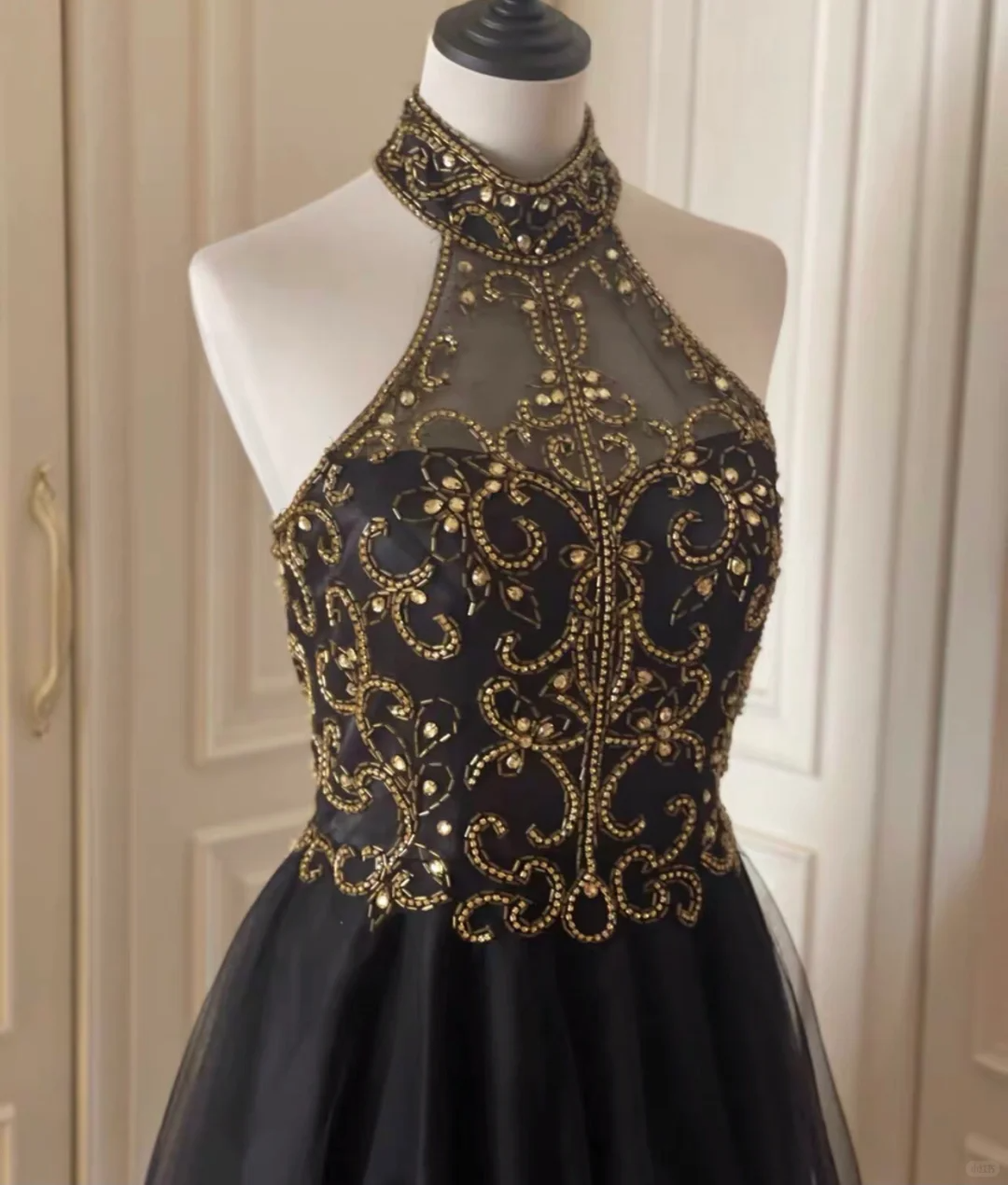 Stylish Halter Tulle Beaded A Line Homecoming Dress Black Sleeveless Birthday Dress Cocktail Dress