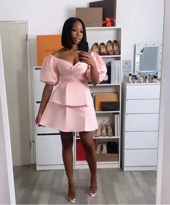 Pink Satin Short Homecoming Dress With Puffy Sleeves Y2183 by simplepromdress
