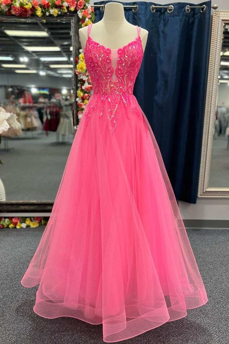 Hot Pink Tulle Appliques Lace-Up A-Line Long Prom Dress - VelvetHem