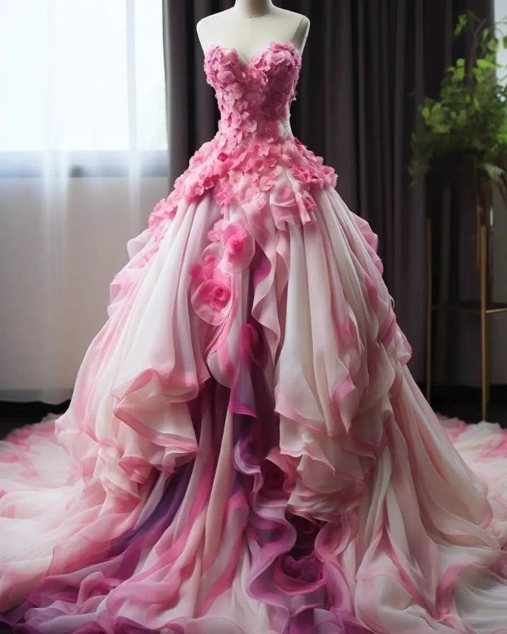 Gorgeous Ombre Pink Sweetheart Chiffon Appliques Ball Gown,Strapless Prom Evening Dress - VelvetHem