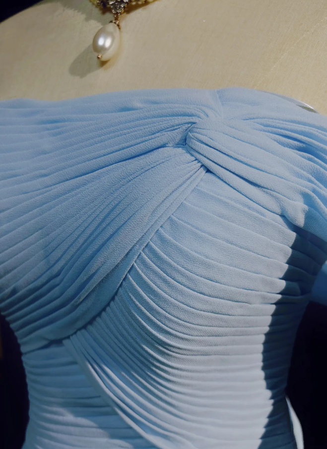 Classy Sky Blue One Shoulder Chiffon Pleated Mermaid Party Dress Long Wedding Guest Dress Evening Gown - View 6 | VelvetHem