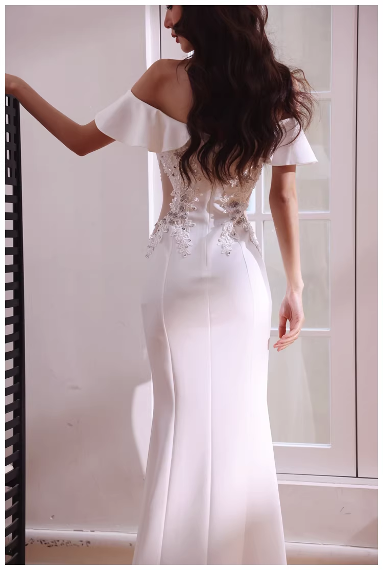 Elegant Off The Shoulder White Satin Appliques Mermaid Evening Dress Long Wedding Guest Dress - View 5 | VelvetHem