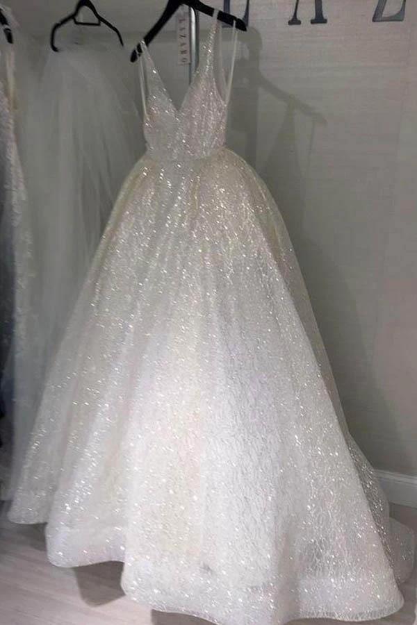 A Line Backless Beach Wedding Dress V Neck Sequins Ivory Wedding Gowns (ZD16033)