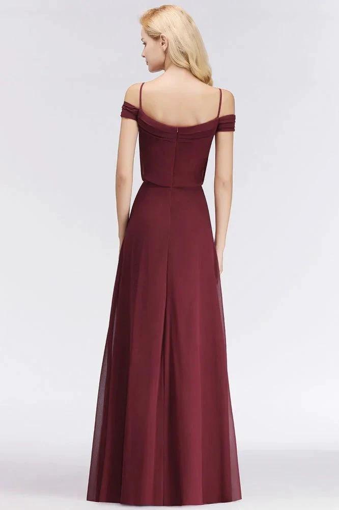 A-line Burgundy Bridesmaid Dress Off-the-shoulder Floor Length Party Dress (ZD13051)