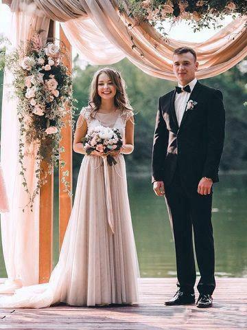 A-line Cap Sleeves Silver Long Tulle  Beach Wedding Dress (ZD15387)