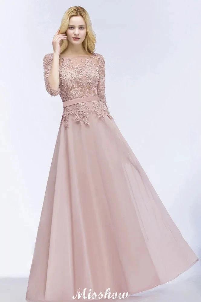 A-line Chiffon Appliques Bridesmaid Dresses Jewel Half-Sleeves Floor-Length Evening Gown with Sash (ZD12922) - VelvetHem
