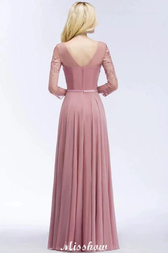 A-line Chiffon Floor-Length Bridesmaid Dress Appliques V-Neck Long-Sleeves Evening Dress (ZD12884)
