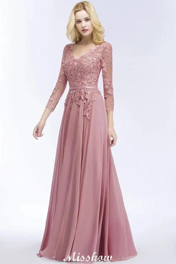 A-line Chiffon Floor-Length Bridesmaid Dress Appliques V-Neck Long-Sleeves Evening Dress (ZD12884)