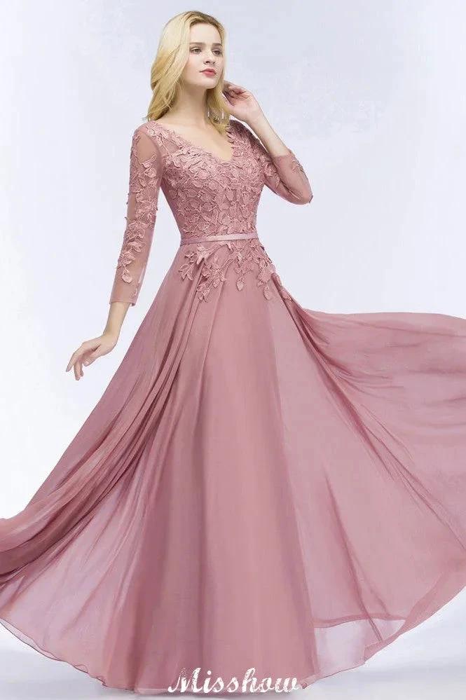 A-line Chiffon Floor-Length Bridesmaid Dress Appliques V-Neck Long-Sleeves Evening Dress (ZD12884)