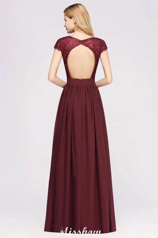 A-line Chiffon Lace V-Neck Sleeveless Floor-Length Bridesmaid Dresses with Ruffles (ZD12882)