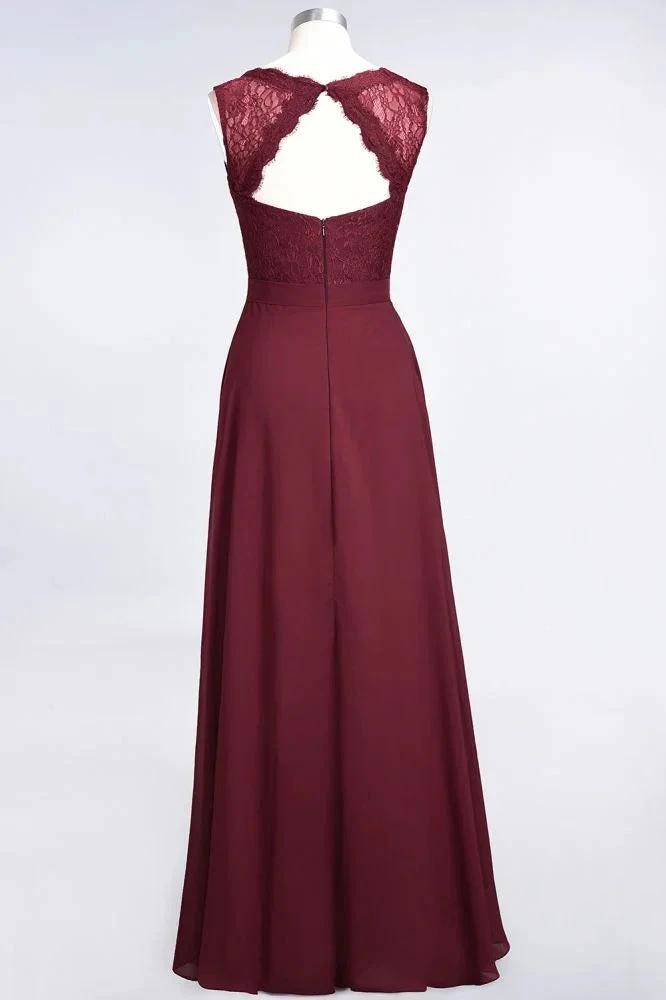 A-Line Chiffon Lace V-Neck Sleeveless Floor-Length Bridesmaid Dresses with Ruffles (ZD13101)