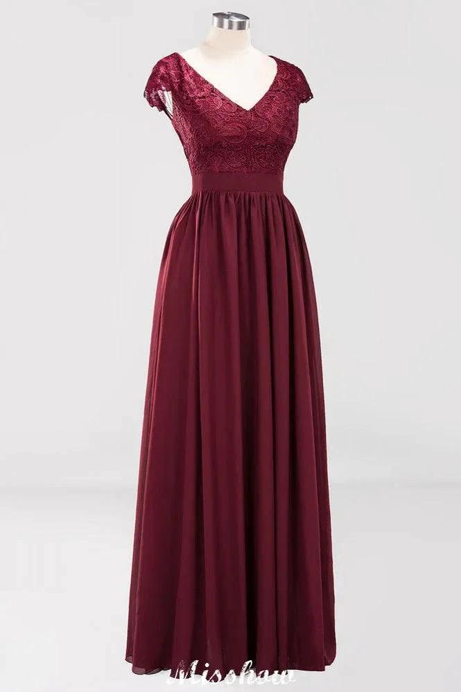 A-line Chiffon Lace V-Neck Sleeveless Floor-Length Bridesmaid Dresses with Ruffles (ZD12882)