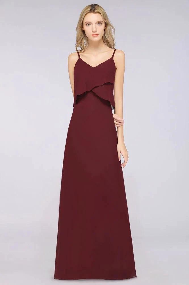 A-Line Chiffon Spaghetti V-Neck Bridesmaid Dress Sleeveless Maid of Honor Dress by misshow.com