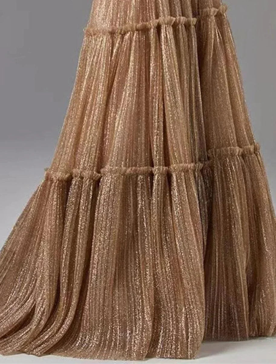 Sunnderly A-Line Evening Gown Glittering Dress Formal Wedding Guest Floor Length Sleeveless Strapless Tulle with Pleats