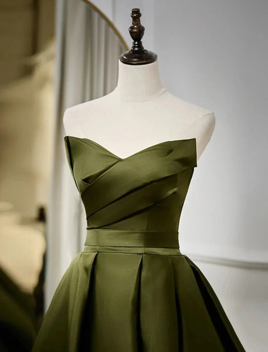 Sunnderly A-Line Evening Gown Open Back Dress Formal Wedding Guest Floor Length Sleeveless Strapless Satin with Pleats Strappy