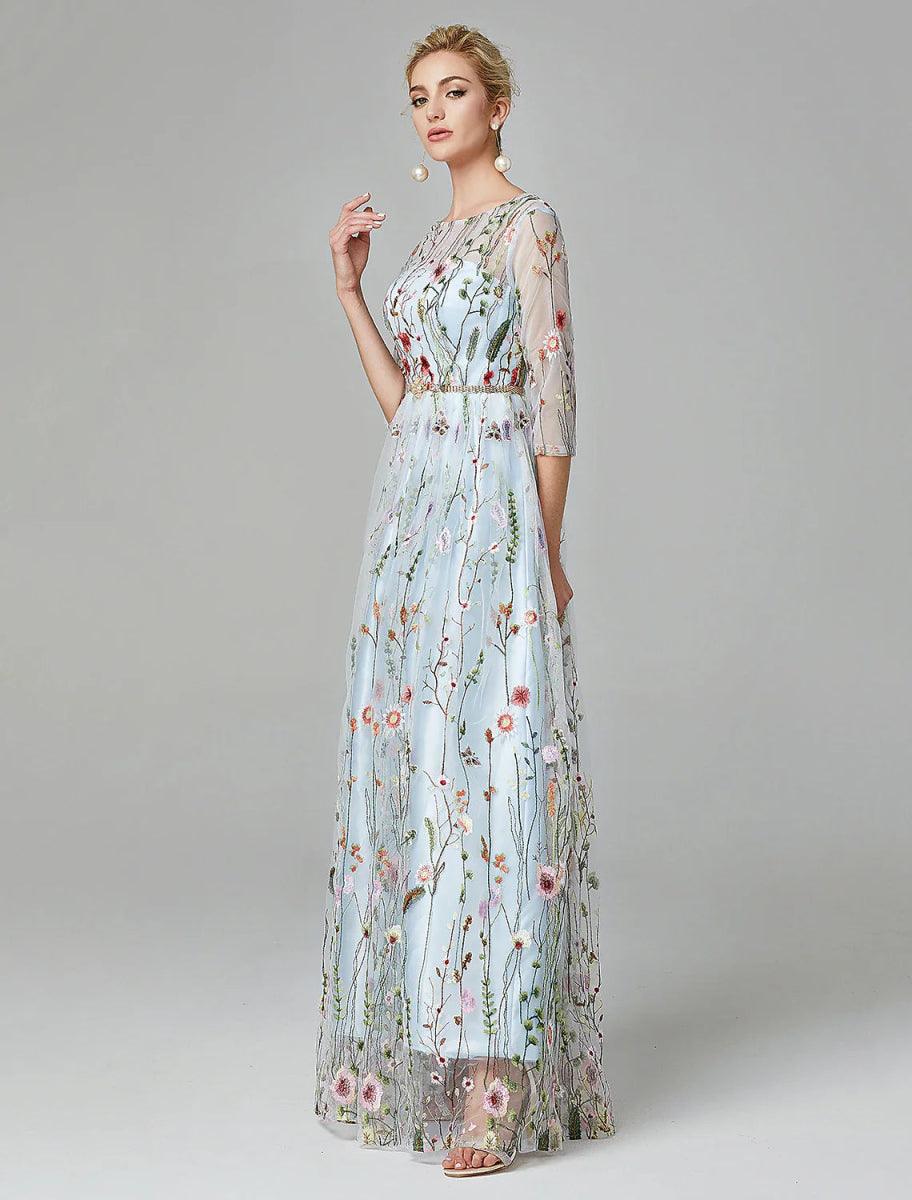 Sunnderly A-Line Evening Gown Party Dress Floral Dress Holiday Wedding Guest Floor Length 3/4 Length Sleeve Illusion Neck Lace with Embroidery