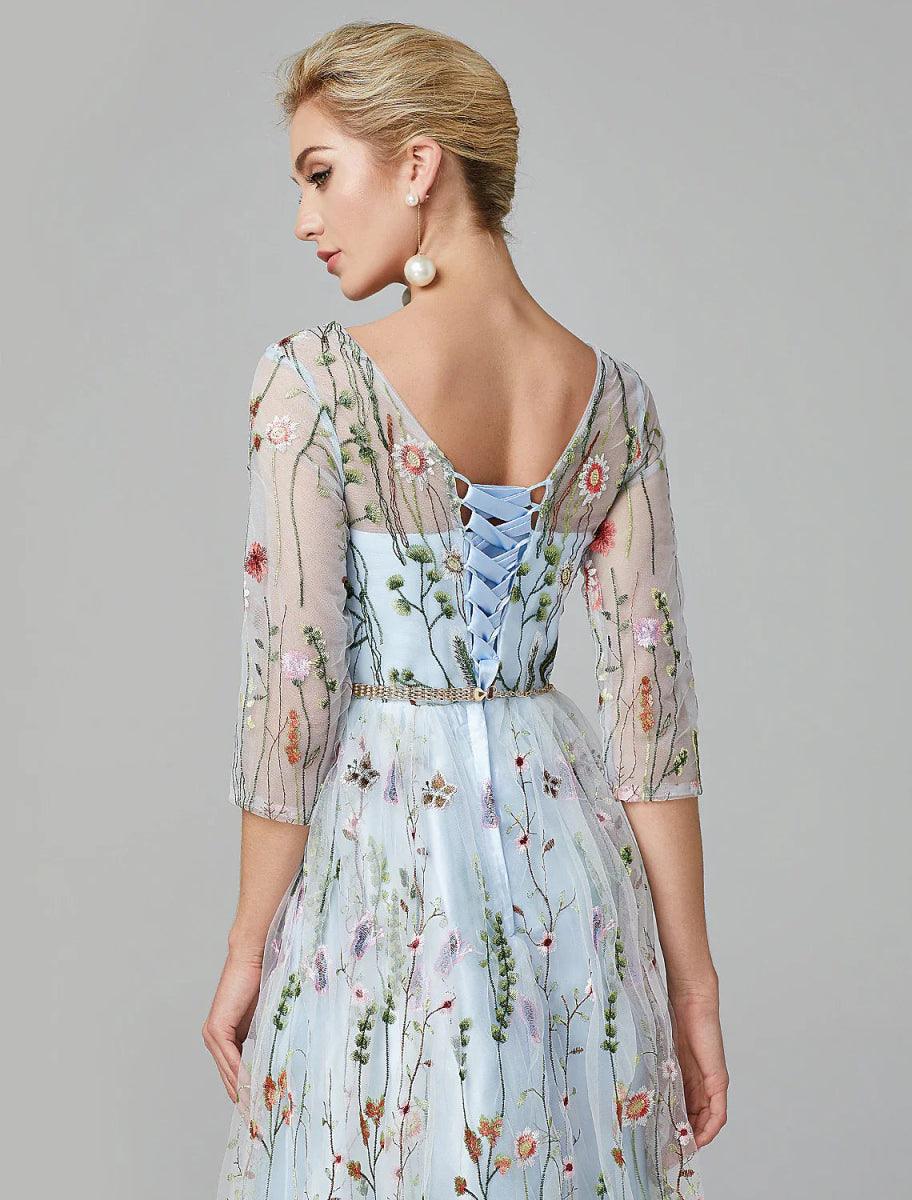Sunnderly A-Line Evening Gown Party Dress Floral Dress Holiday Wedding Guest Floor Length 3/4 Length Sleeve Illusion Neck Lace with Embroidery
