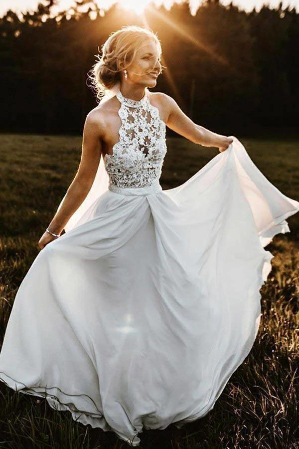 A-Line Halter Sleeveless Chiffon Long Beach Wedding Dress with Lace (ZD16276) - VelvetHem