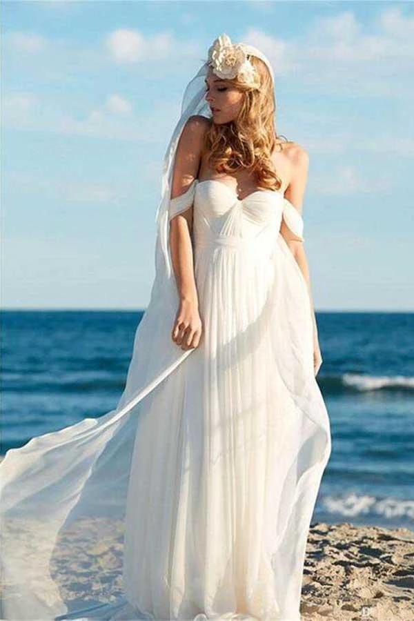 A-line Ivory Chiffon Off the Shoulder Summer Beach Wedding Dresses (ZD15404) - VelvetHem
