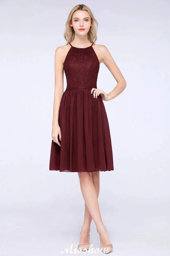 A-line Jewel Sleeveless Knee-Length Bridesmaid Dresses with Ruffle Chiffon Lace Party Dress (ZD12912)