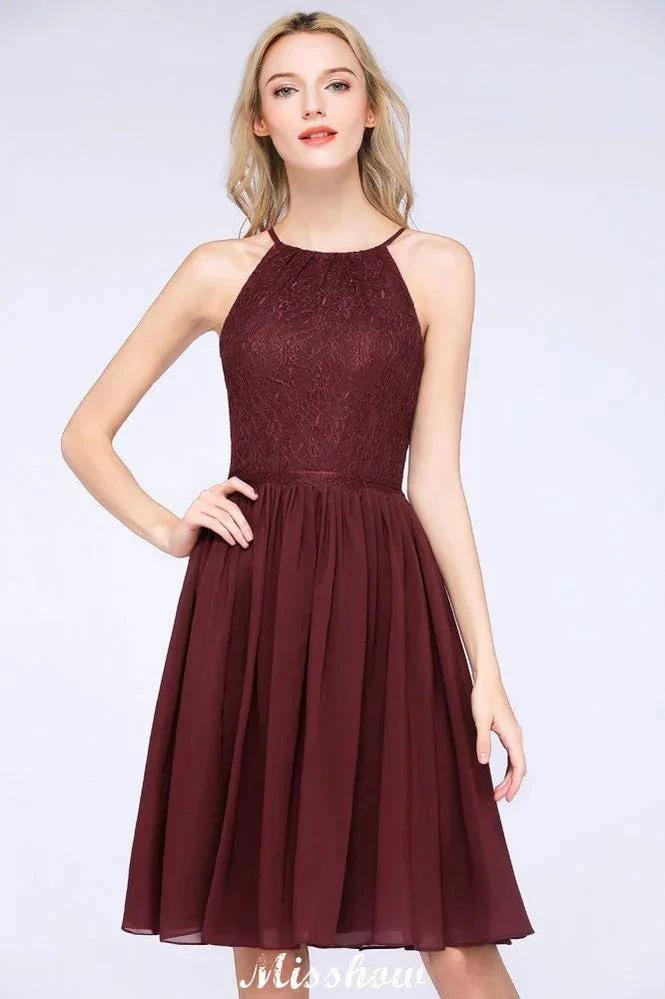 A-line Jewel Sleeveless Knee-Length Bridesmaid Dresses with Ruffle Chiffon Lace Party Dress (ZD12912)