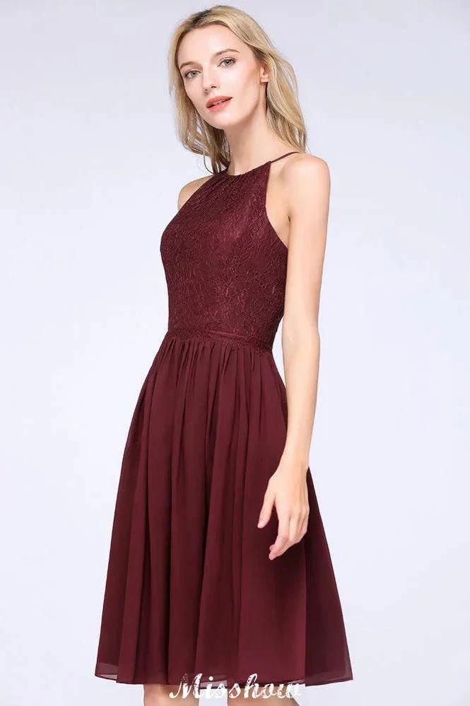 A-line Jewel Sleeveless Knee-Length Bridesmaid Dresses with Ruffle Chiffon Lace Party Dress (ZD12912)