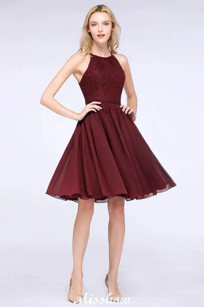 A-line Jewel Sleeveless Knee-Length Bridesmaid Dresses with Ruffle Chiffon Lace Party Dress by misshow.com