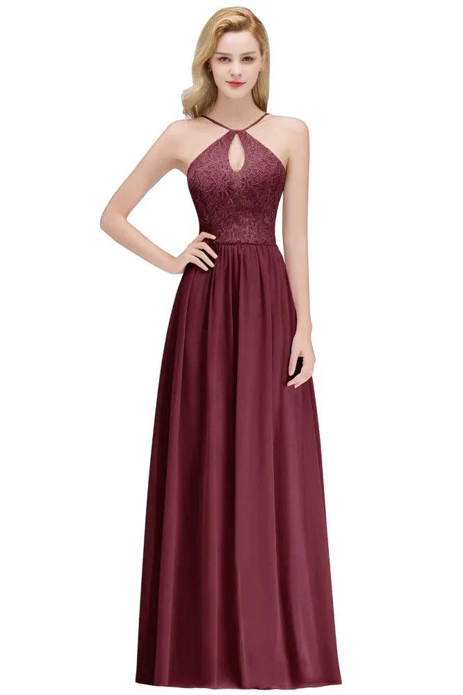 A-line Keyhole Neckline Lace Top Long Spaghetti Bridesmaid Dress by misshow.com