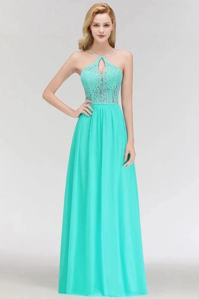 A-line Keyhole Neckline Lace Top Long Spaghetti Bridesmaid Dress (ZD13043)