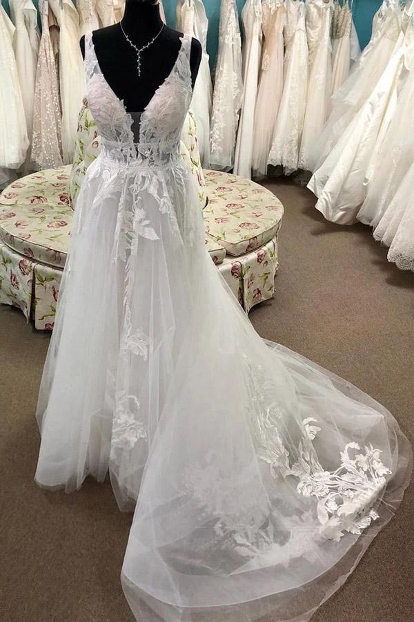 A Line Lace Appliqued Bridal Gown Deep V Neck Court Train Wedding Dress (ZD15303) - VelvetHem