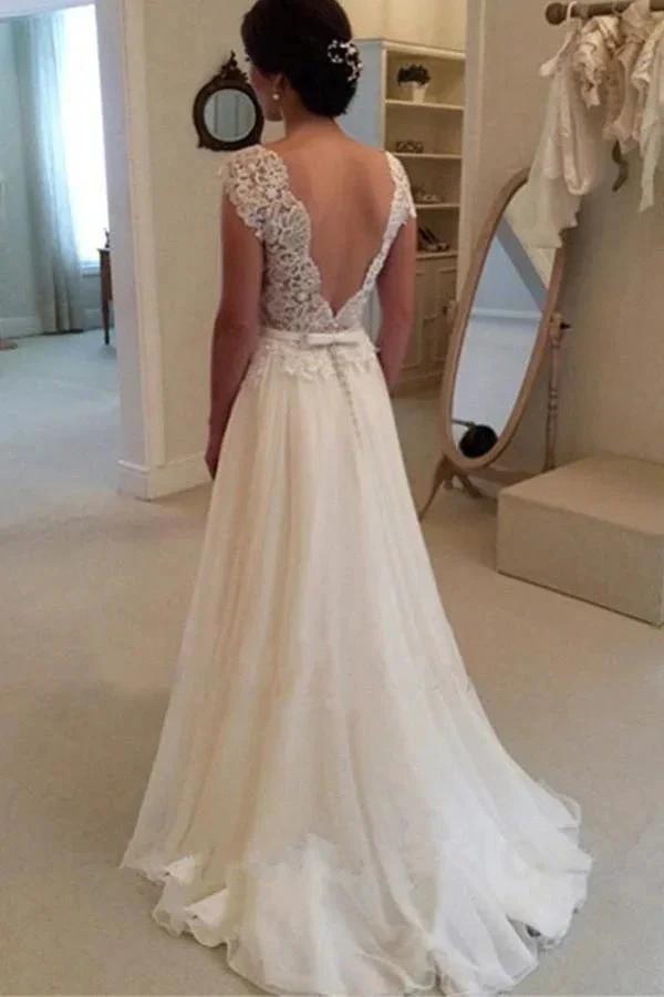 A-line Lace Top Backless Long Beach Wedding Dress Ball Gowns (ZD16294)