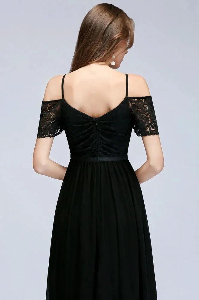 A-line Long Spaghetti V-neck Black Lace Chiffon Bridesmaid Dress (ZD13039)
