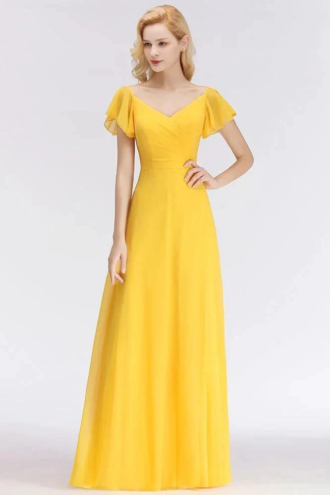 A-line Long V-neck Short Sleeves Yellow Chiffon Bridesmaid Dresses (ZD13052)