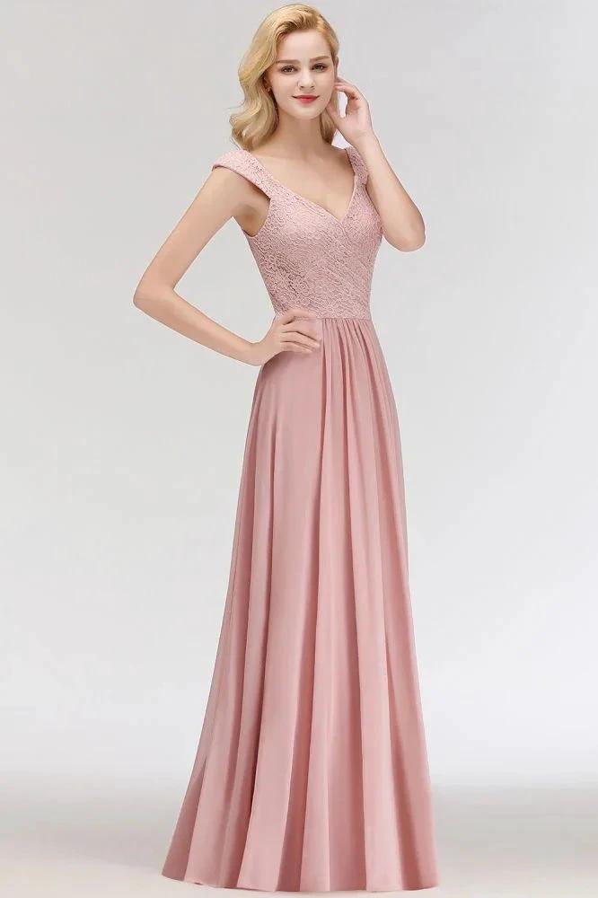 A-line Long V-neck Sleeveless Formal Party Dress Lace Top Chiffon Bridesmaid Dress (ZD13034)