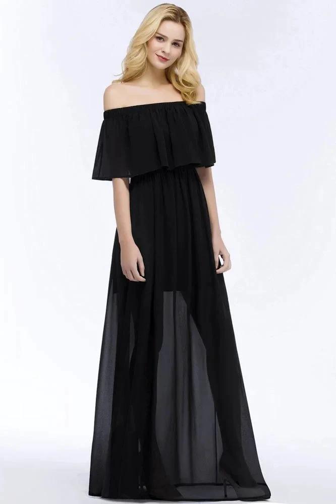 A-line Off-the-shoulder Floor Length Black Chiffon Bridesmaid Dresses (ZD13038)
