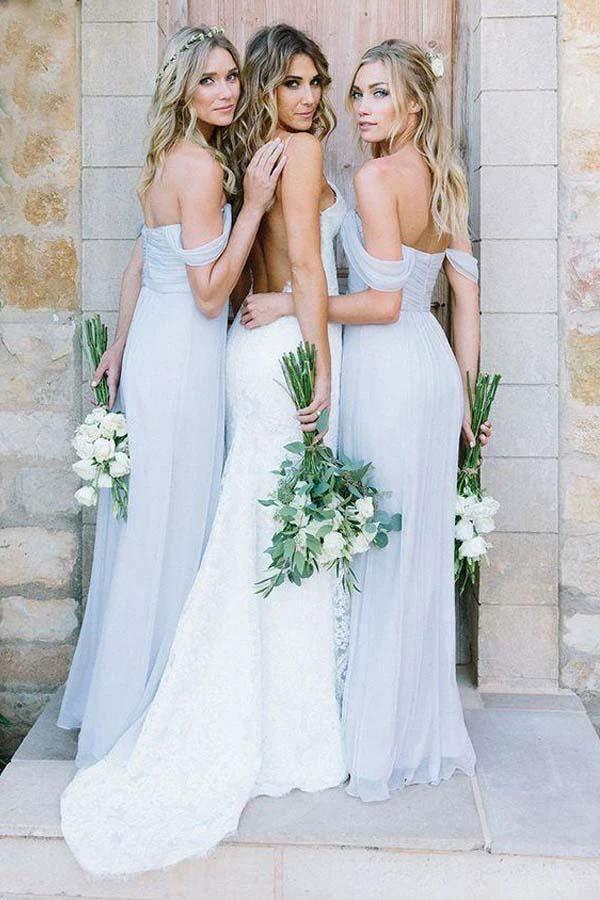 A-Line Off-the-Shoulder Floor-Length Light Blue Chiffon Bridesmaid Dress (ZD13240)