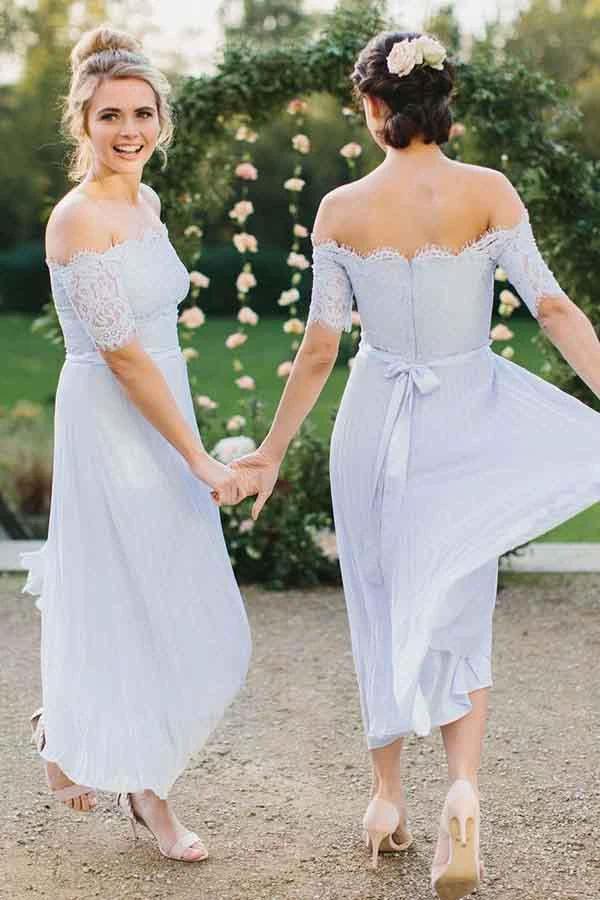 A-Line Off-the-Shoulder Light Blue Pleated Chiffon Bridesmaid Dress with Lace (ZD13233)