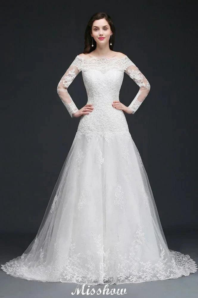 A-line Off-The-Shoulder Tulle Glamorous Wedding Dresses with Lace (ZD13941) - VelvetHem