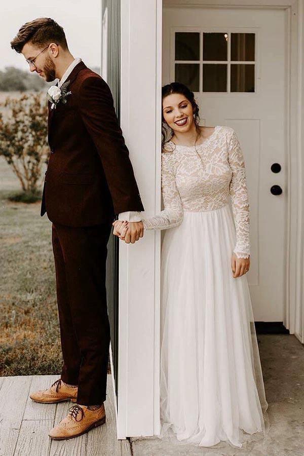 A-Line Round Neck Backless Lace Top Wedding Dress with Long Sleeves (ZD15358)