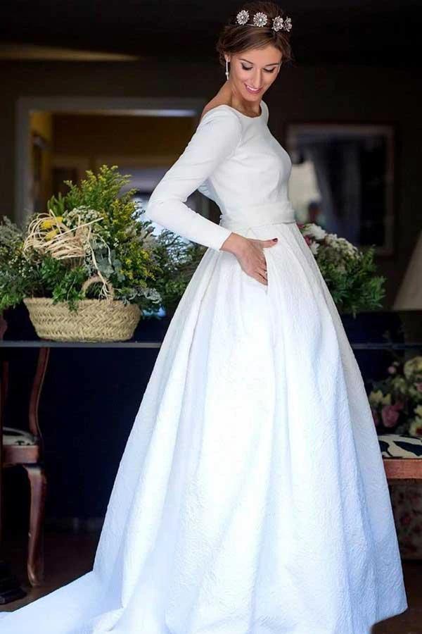 A-Line Round Neck Backless Satin Wedding Dress with Sleeves (ZD15494)
