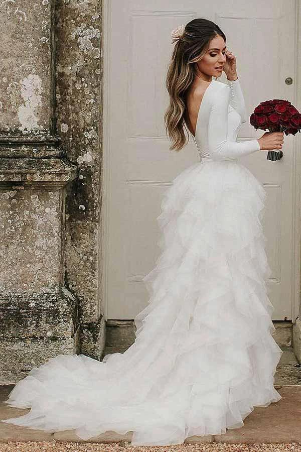 A-Line Round Neck Court Train Tulle Wedding Dress with Long Sleeves (ZD16327)