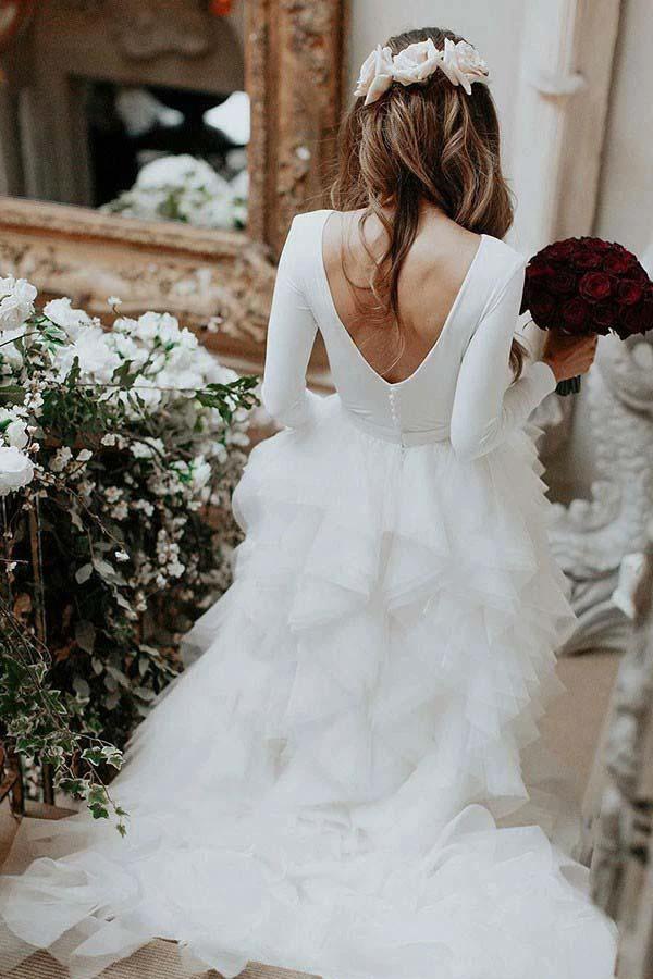 A-Line Round Neck Court Train Tulle Wedding Dress with Long Sleeves (ZD16327)